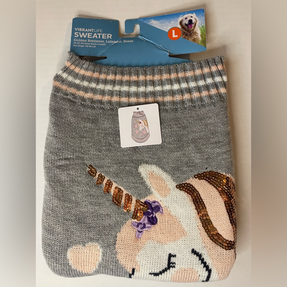 Dog Sweater with Unicorn Gray and Pink Size Large Runs Big